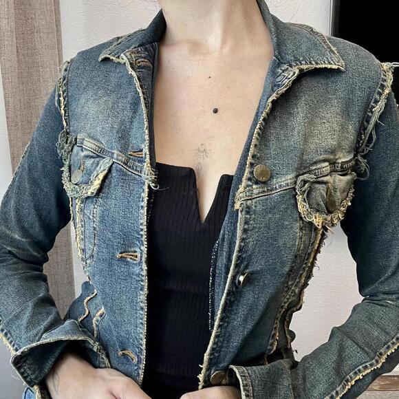 Early 2000s Y2K Style Plein Sud Jeans Distressed Denim Jacket – Fits XS - Picture 4 of 8